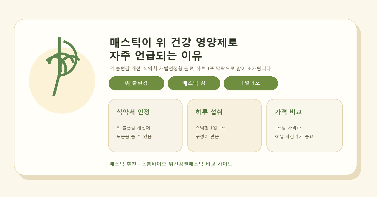 매스틱 검이 위 불편감 개선, 1일 1포, 식약처 개별인정형 원료 맥락으로 소개되는 이유를 정리한 이미지