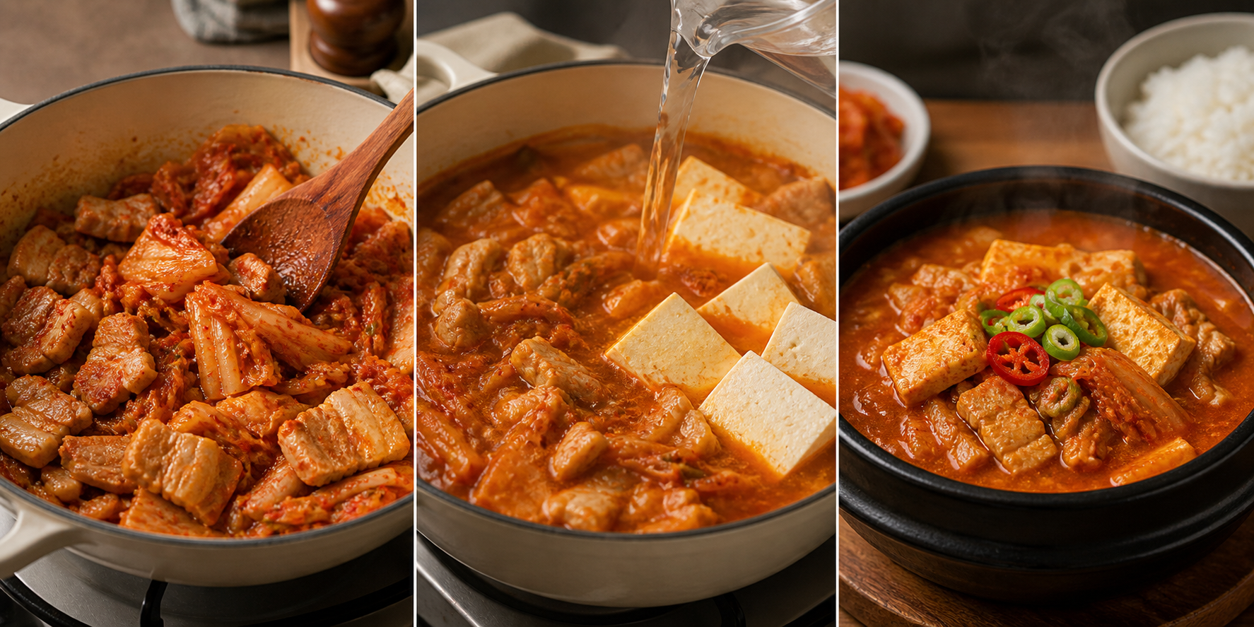 돼지고기 김치찌개 볶기, 끓이기, 완성 단계를 보여주는 실사풍 이미지